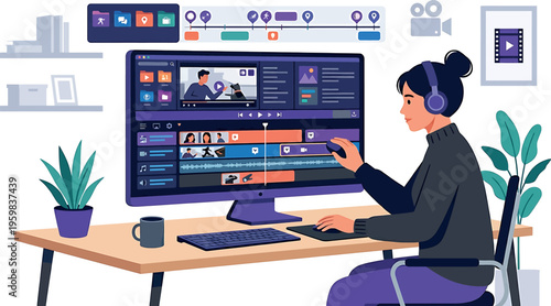 Illustration of a woman working on a computer with video editing software isolated on transparent background