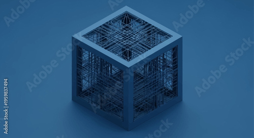 Abstract geometric cube with intricate internal structure on a smooth blue surface.