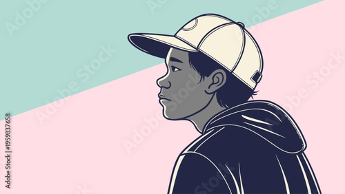 Trendy young man in cap and hoodie, urban street style concept, minimalist flat vector illustration for youth culture, fashion branding, and modern lifestyle.