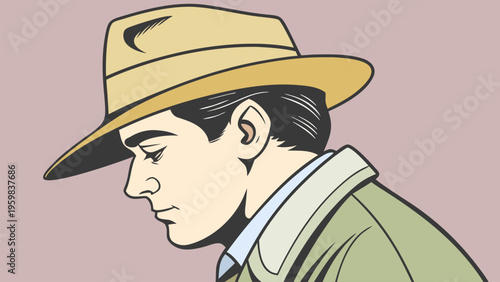 Modern male portrait with fedora hat, fashionable lifestyle concept, minimalist flat vector illustration for branding, character design, and casual elegance.