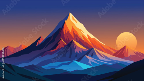 A breathtaking vector illustration of a majestic mountain peak under a vibrant setting sun sky