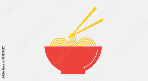 Minimalist Illustration of Noodles in a Red Bowl with Chopsticks, Food and Dining Concept