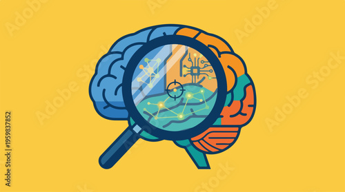 Brain with magnifying glass inside.