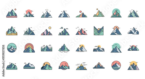 Collection of stylized mountain illustrations with various sun and cloud elements