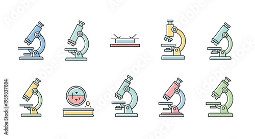 Colorful Microscope Illustrations: Scientific Exploration and Laboratory Equipment Vector Set