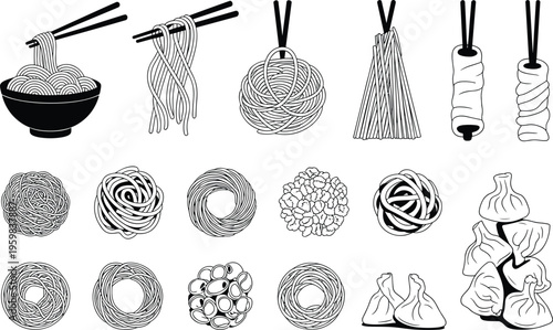 Asian cuisine icons set, noodles dumplings chopsticks bundles, food illustration, culinary design, traditional meal symbols, cultural cooking graphic