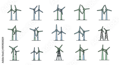 Illustrated collection of wind turbines showcasing renewable energy and ecological sustainability