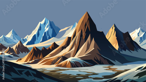 A stylized artistic illustration of a majestic mountain range with rocky peaks and snowy glaciers