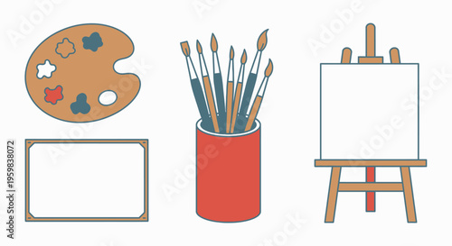 Flat lay of artistic supplies including a paint palette, paintbrushes in a red cup, and an easel with a blank canvas on a white background.