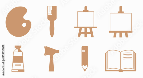 A flat lay composition of various artistic tools and supplies on a clean white background with a minimalist aesthetic.
