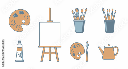 Flat lay illustration of various artistic supplies on a white background including an easel and paints.