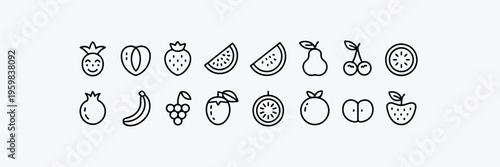 outline fruit vector icon collection, minimal stroke line art of apples bananas oranges grapes watermelons and cherries, editable scalable illustrations for web, apps, educational materials, and food.