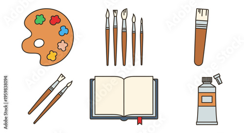 A collection of art supplies and an open book arranged on a plain white background with a colorful palette, paintbrushes, and a tube of paint.