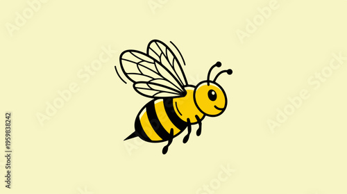 Cartoon Bee Flying Isolated Yellow.