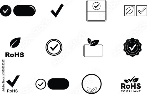 black and white icons of checkmarks and leaves for compliance and ecology