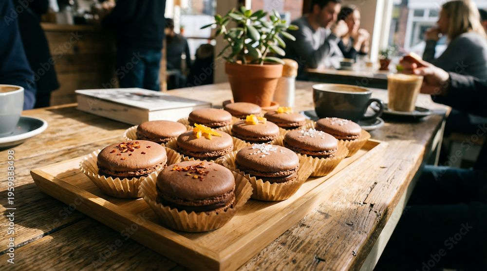Fototapeta premium Assortment of Rich Chocolate Macarons Displayed on a Wooden Board with Coffee in the Background