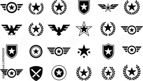 Military insignia emblems, stars wings shields, laurel wreath symbols, black white design, rank honor achievement, aviation badges, army navy airforce art
