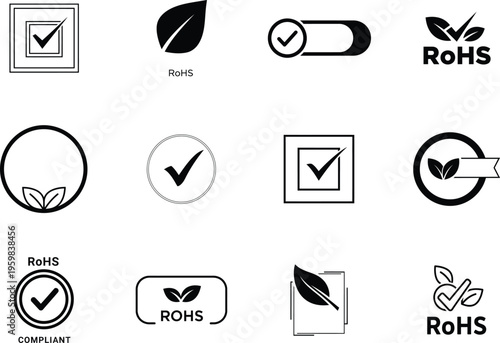 RoHS compliant icons with checkmarks and leaves for eco friendly products