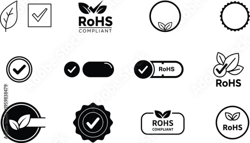 RoHS compliant icons with checkmarks and leaves for environmental certification