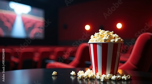 A red-and-white striped popcorn bucket overflowing with popcorn sits on a dark table in a dimly lit movie theater, with scattered kernels in the foreground. 
