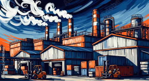 Industrial Complex with Smokestacks and Forklifts, Stylized Illustration.