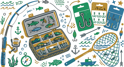 Fishing gear and tackle isolated on transparent background