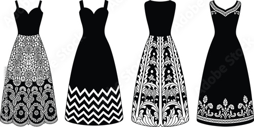 Fashion dress illustration, floral chevron vine blue patterns, women’s clothing design art, black white textile style, couture garment inspiration