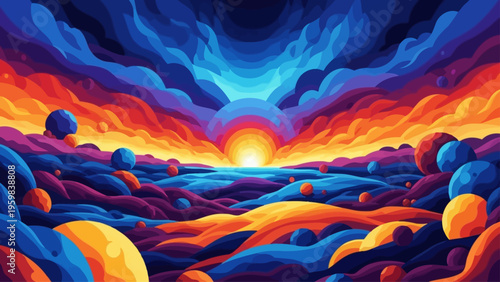 Abstract landscape with vibrant colors and surreal spherical elements.