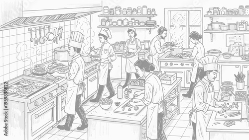Busy professional kitchen with chefs preparing food