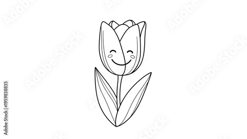 Smiling tulip flower in cute cartoon line art style.