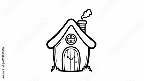 Whimsical cartoon house illustration with a smiling door and smoking chimney.