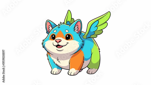 A cute and colorful cartoon fantasy creature with wings, smiling happily.