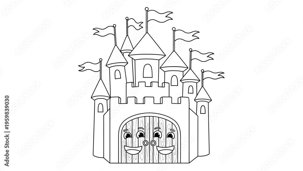 Fototapeta premium Cartoon fairy castle coloring page with happy smiling gate illustration