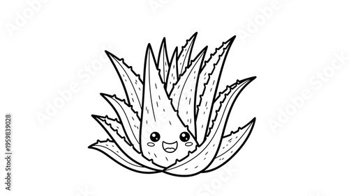 Cute kawaii aloe vera plant character illustration for coloring page