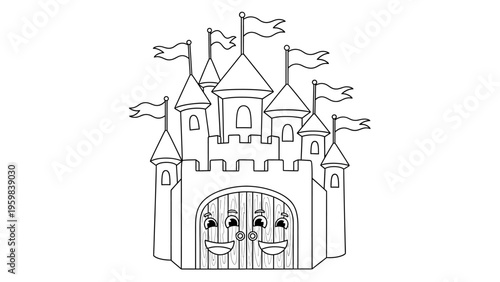 Cartoon fairy castle coloring page with happy smiling gate illustration