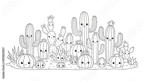 Kawaii cactus coloring page with cute smiling succulent plants in desert