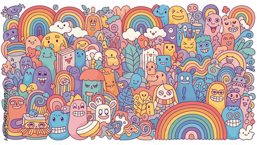 Colorful doodle pattern with cute monsters and vibrant rainbows in a whimsical fantasy world