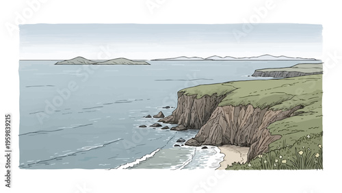 Illustration of a rugged coastline with cliffs and the ocean.
