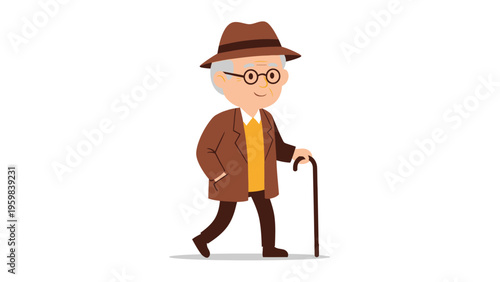 Happy elderly man walking with a cane.