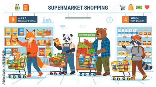 Anthropomorphic Animals Shopping in a Supermarket