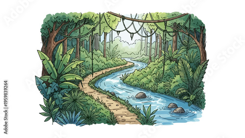 Tropical jungle river flows through a lush forest with a winding path.