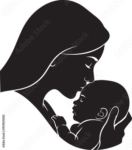 Loving mother kissing her newborn baby forehead silhouette representing maternal bond and parental care in monochrome style