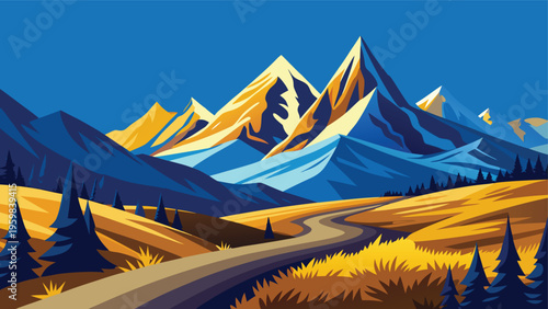 A vibrant digital illustration of a winding road leading towards majestic golden mountain peaks