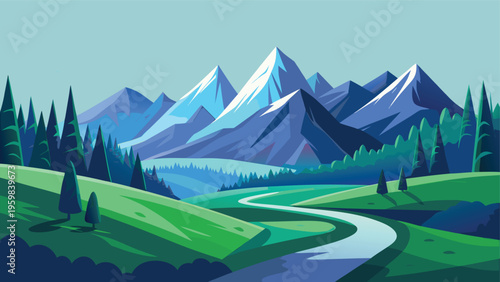 A serene flat vector illustration of majestic snow capped mountains with a winding river valley