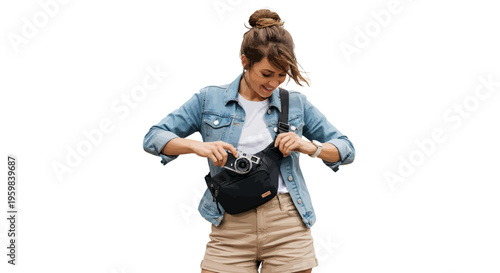 Woman putting camera in black bag on white background