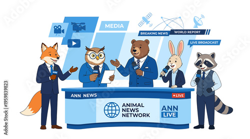 Animal News Network Broadcast: Fox, Owl, Bear, Rabbit, Raccoon Presenting Live News