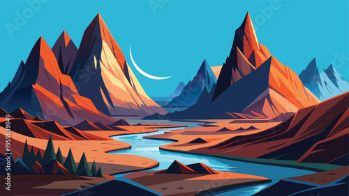 A serene illustration of jagged mountain peaks glowing at twilight with a winding river below