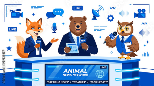 Animal News Network: Fox, Bear, Owl Presenting Breaking News Live on TV