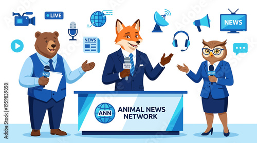 Animal News Network: Fox, Bear, Owl Reporters at Desk with Broadcast Equipment