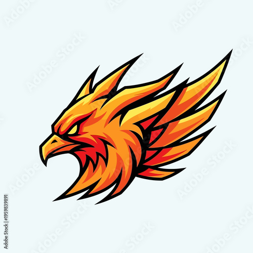 Fiery Phoenix Head Mascot Logo Design with Sharp Details and Vibrant Colors.